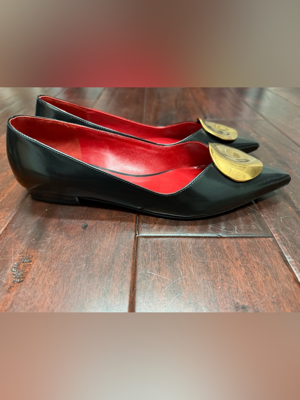Tory Burch Women’s Black Pointed Toe Flats with Gold Accent - Picture 2 of 5